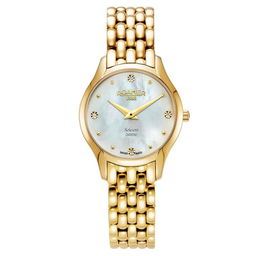 Γυναικείο ρολόι Roamer Soleure Diamond 547857-48-25-50 με χρυσό ατσάλινο μπρασελέ και άσπρο φίλντισι καντράν διαμέτρου 30mm με διαμάντια.